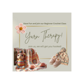 Promotional image for a beginner crochet class with crocheted items and text on a light background.
