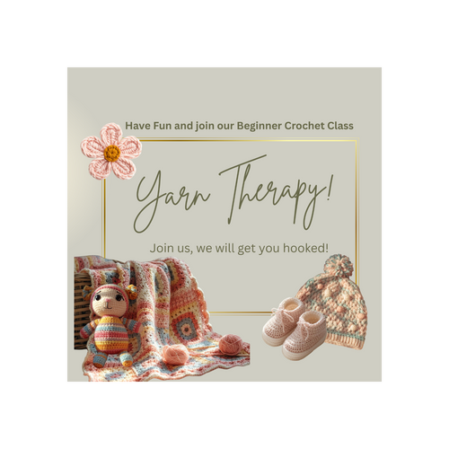 Promotional image for a beginner crochet class with crocheted items and text on a light background.