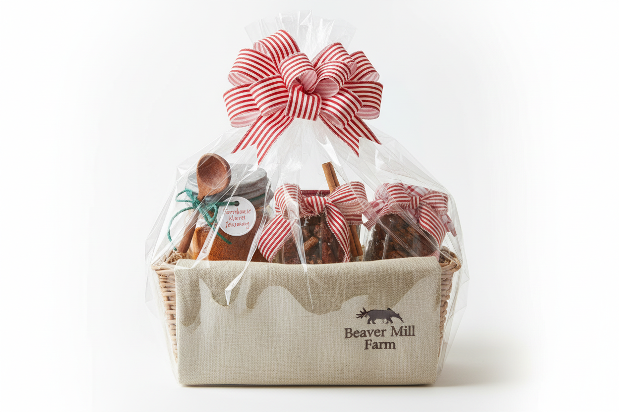 Beaver Mill Farm Gift Basket with Spice Mix, Candied Nuts & Apron