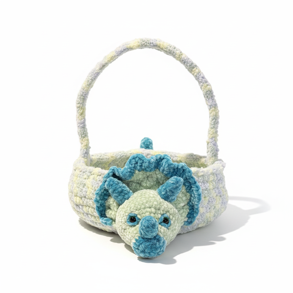 Handmade Crochet Dinosaur Easter Basket - Pastel Green