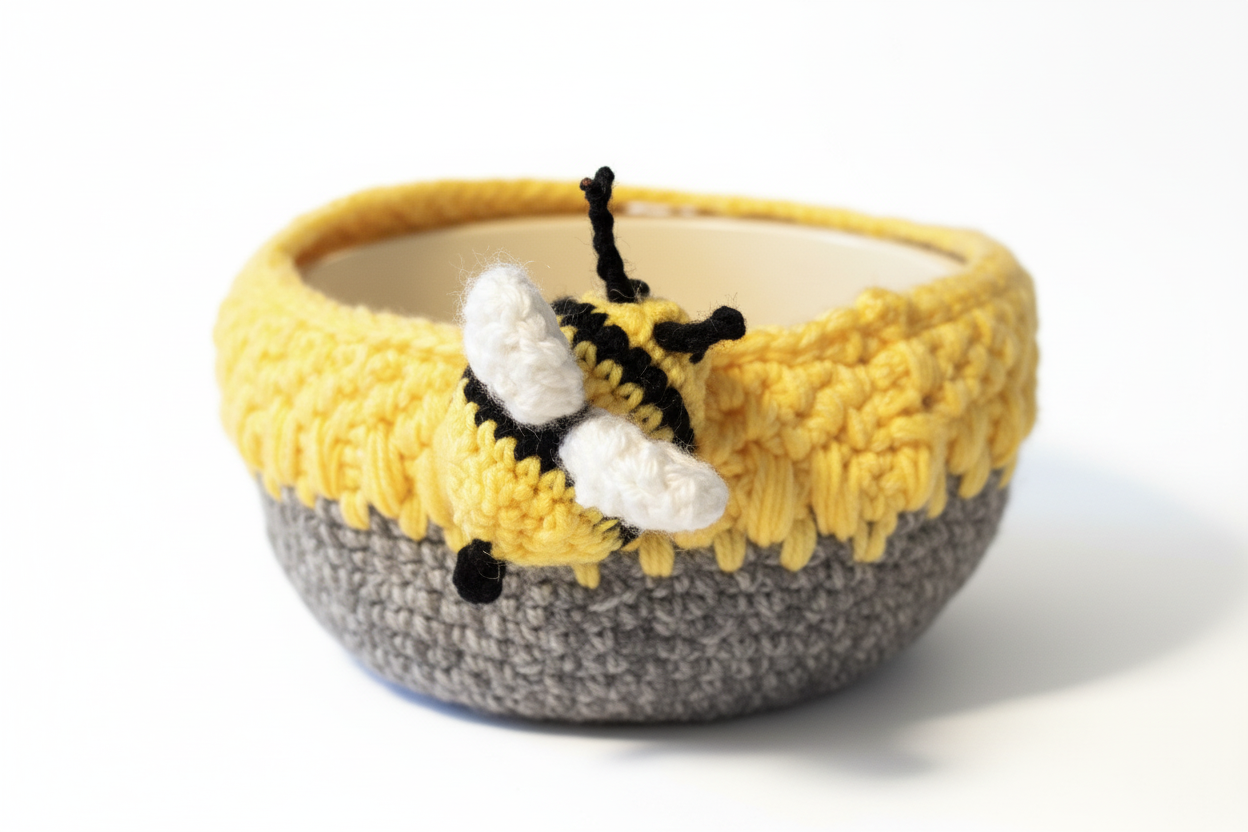 Clean product photo showcasing crochet bee