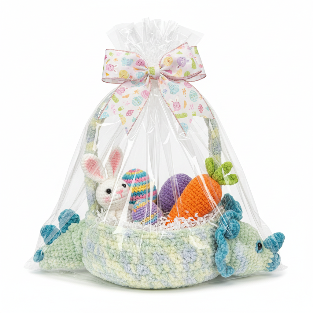 Handmade Crochet Dinosaur Easter Basket - Pastel Green