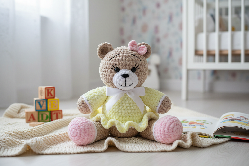 Crochet Teddy Bear in Real-Life Nursery Setting