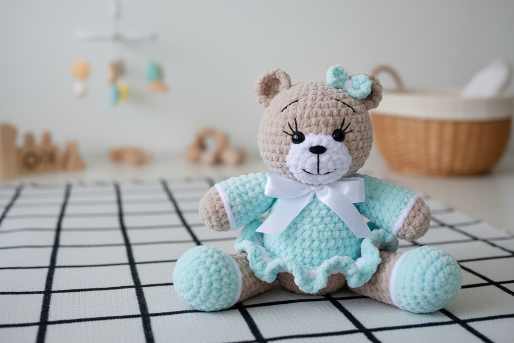 Crochet Teddy Bear with Matching Pastel Blue Outfit