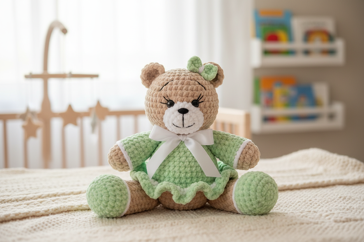 Crochet Teddy Bear with Matching Pastel Green Outfit
