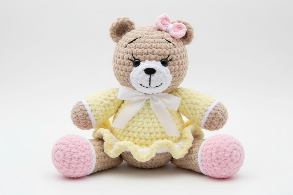 Crochet Teddy Bear with Pastel Yellow Dress