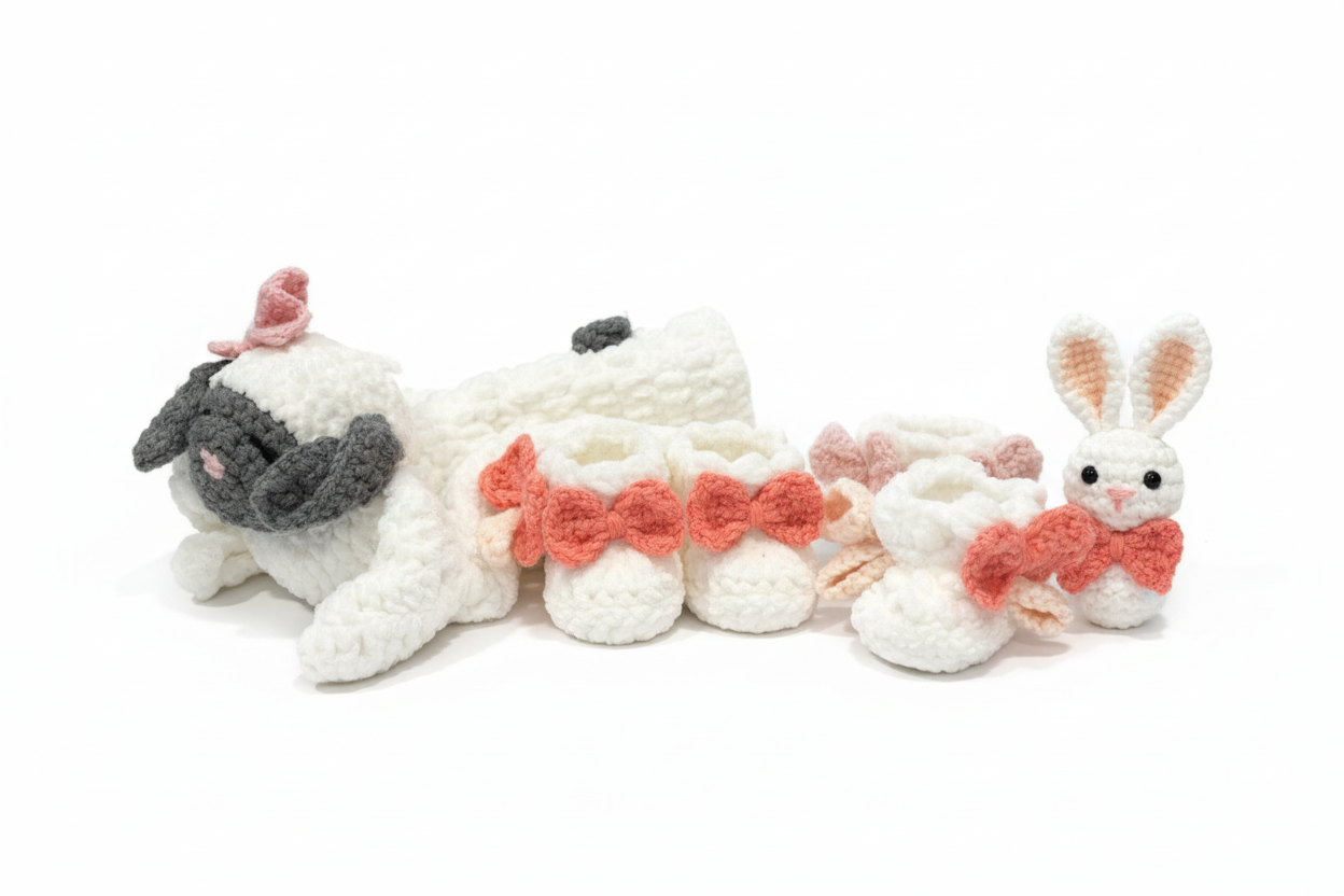 Handmade crochet baby items with clean white background