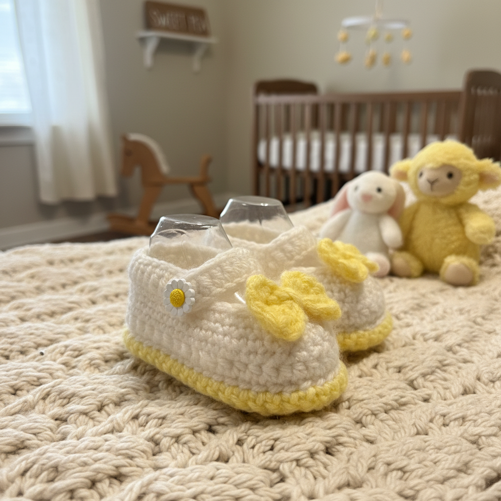 Handmade Crochet Baby Shoes with Daisies in Nursery Setting