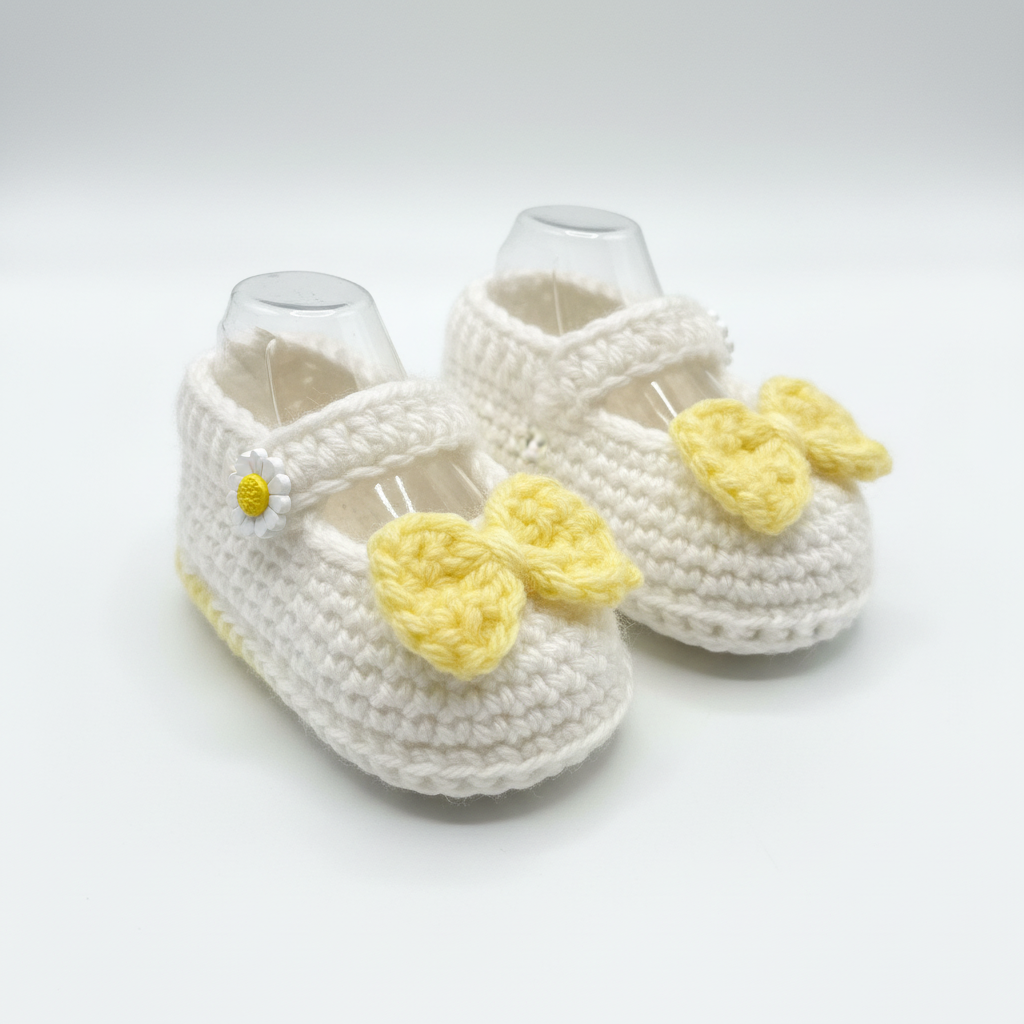 Handmade Crochet Baby Shoes with Daisy Flowers - No Pom-Poms