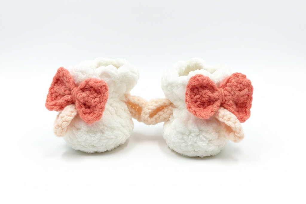 Handmade crochet baby slippers with clean white background