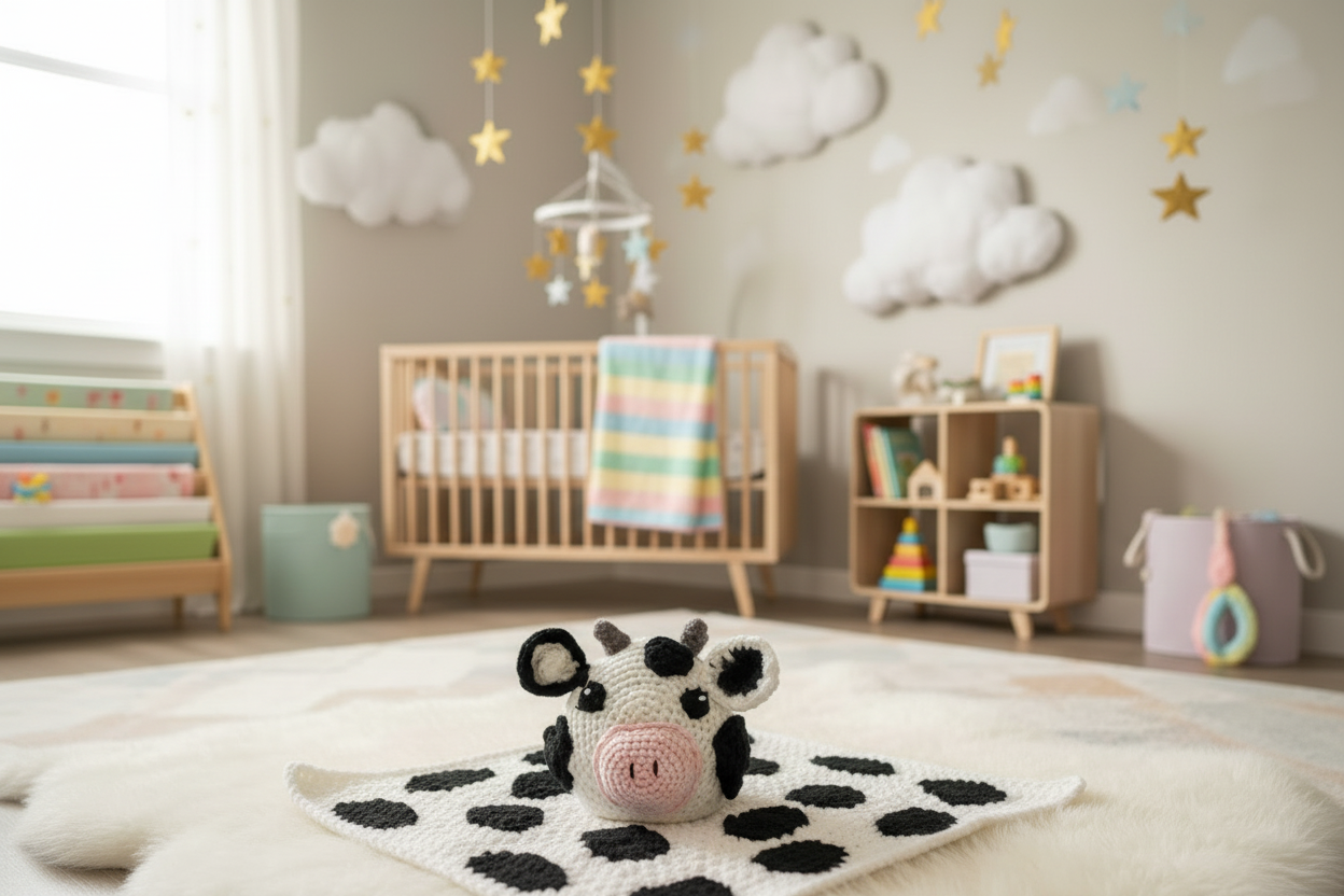 Handmade Crochet Cow Lovey in Nursery Setting
