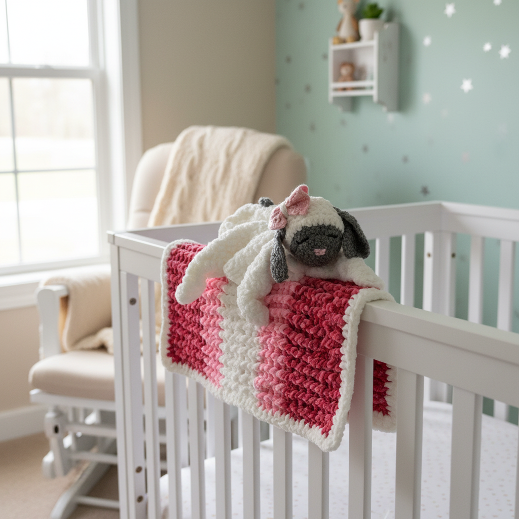 Handmade Crochet Lamb Lovey Blanket in Nursery Setting