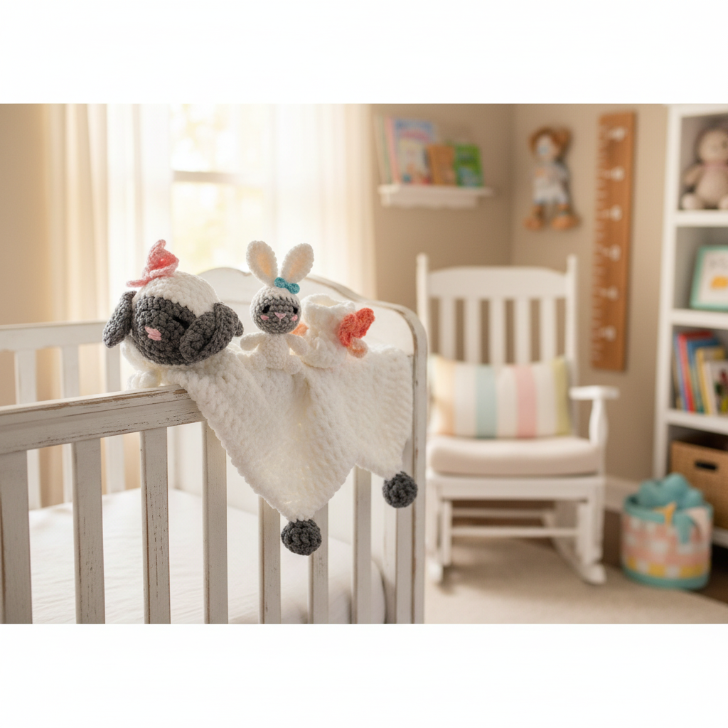 Handmade Crochet Lamb Lovey Blanket in Nursery