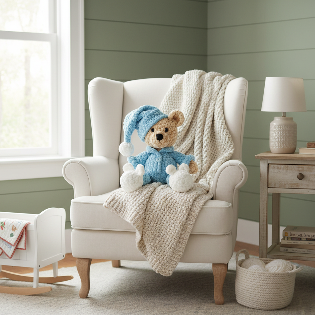 Handmade Crochet Teddy Bear in Light Blue Pajamas