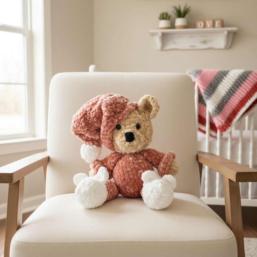 Handmade Crochet Teddy Bear in Nursery Setting