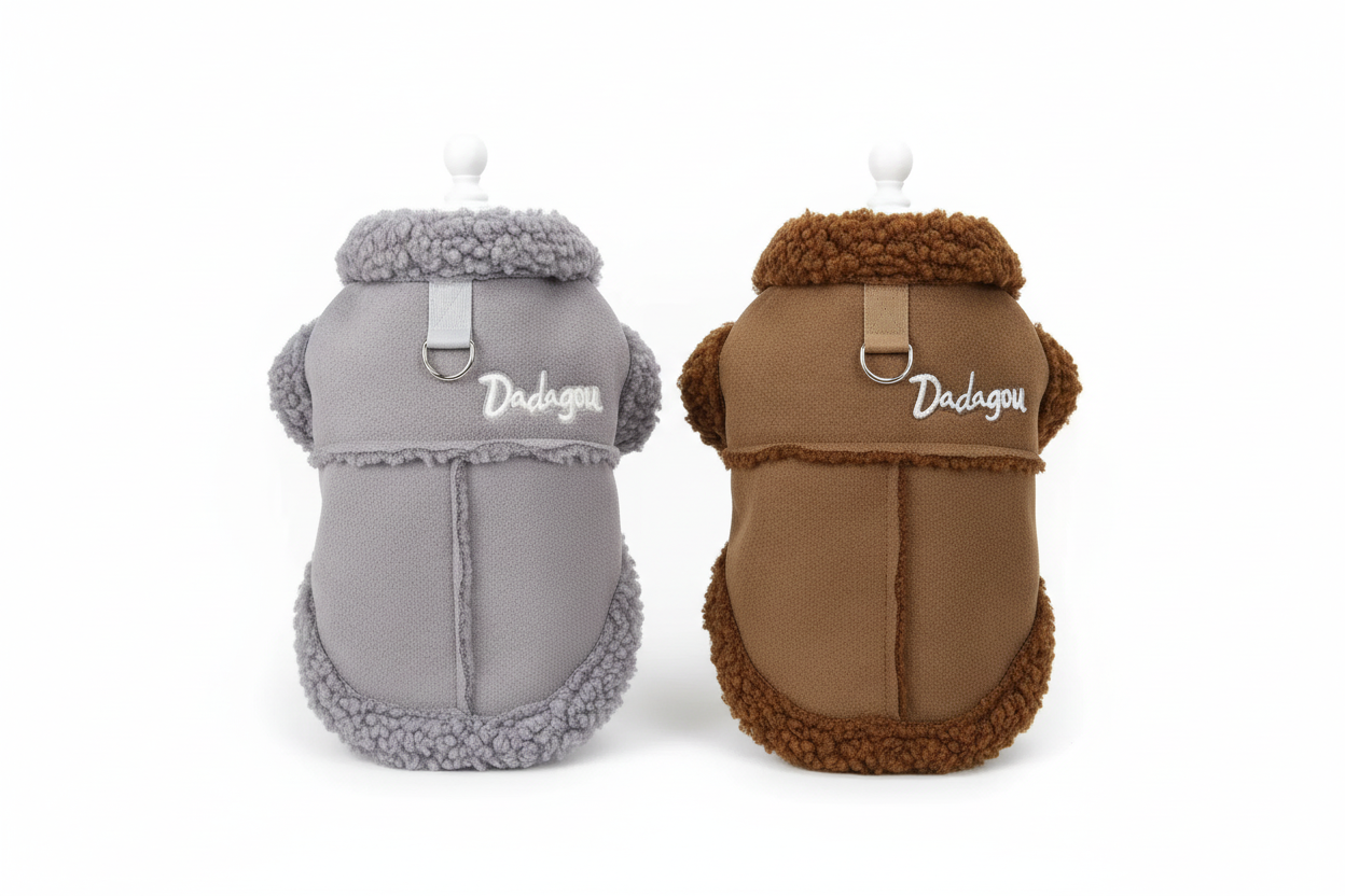 Cozy sherpa-lined pet vest in gray and brown with harness