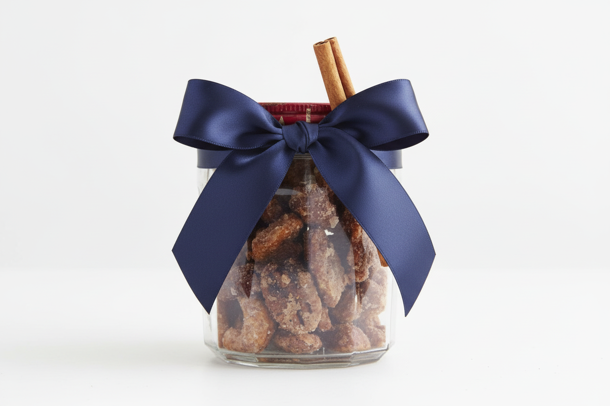 Sweet and spicy candied nuts jar with navy blue ribbon