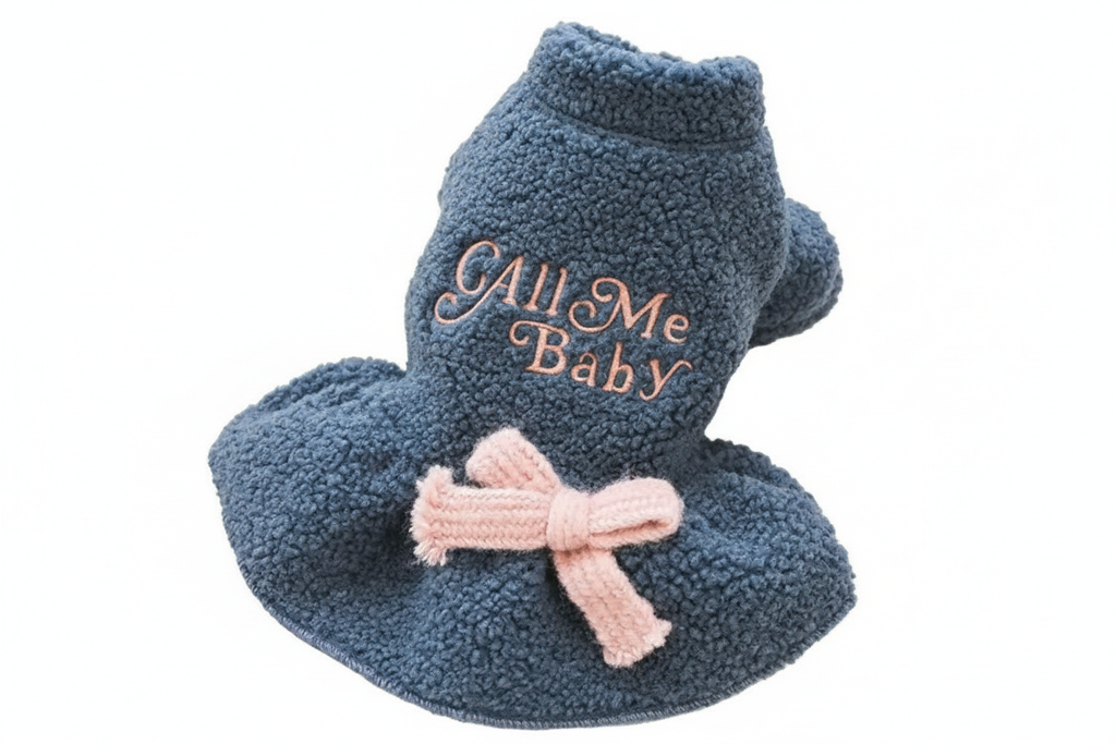 Blue teddy bear pet jacket with All Me Baby embroidery and pink bow