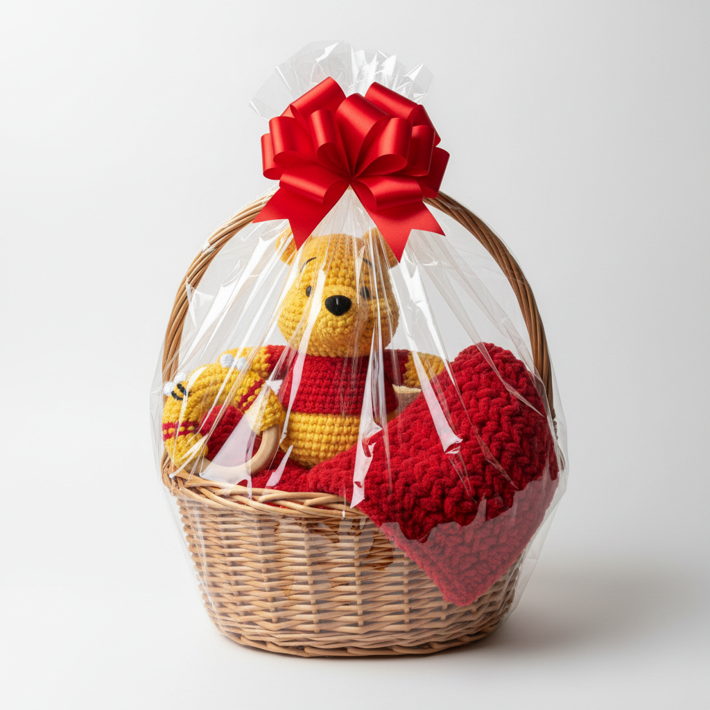 Winnie the Pooh baby gift basket with crochet bear, Pooh teething ring, and red blanket