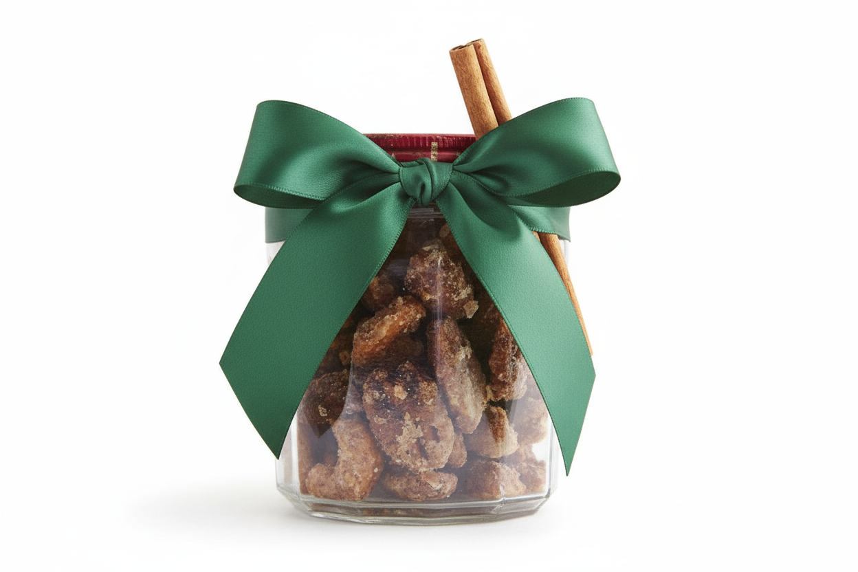 Sweet and spicy candied nuts jar with forest green ribbon