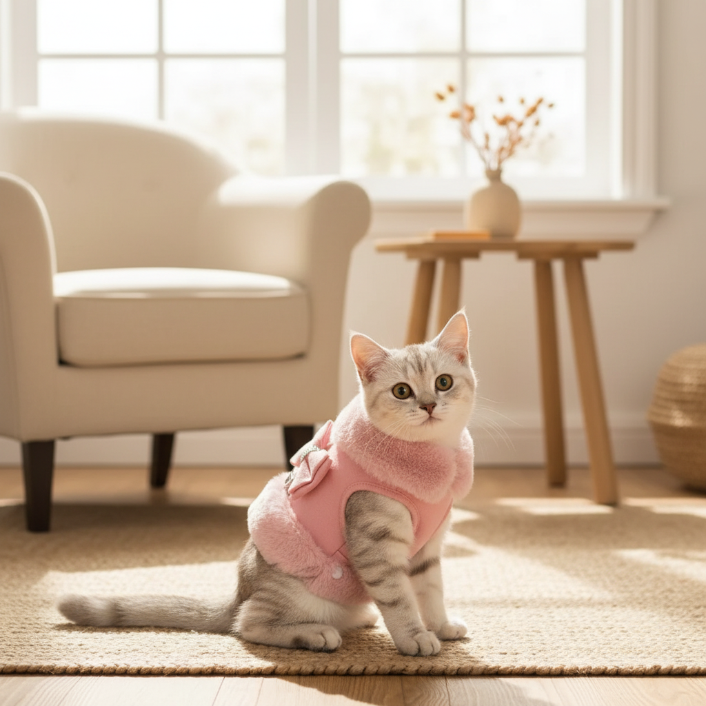Pet wearing bow-tiful fur harness vest with bow correctly positioned on back