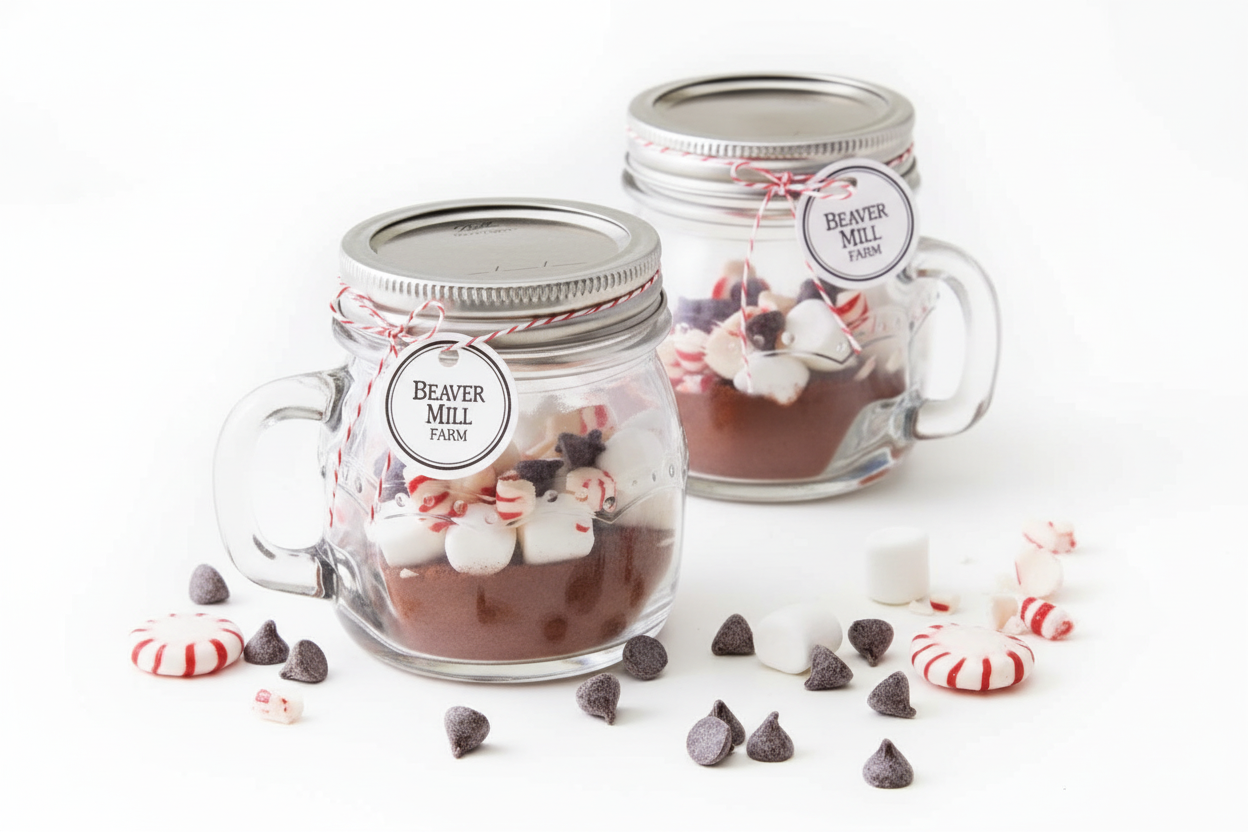 Homemade hot cocoa mason jar gift set with Beaver Mill Farm tags
