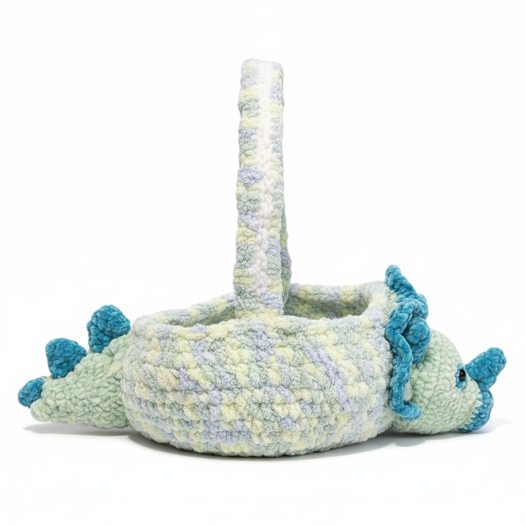 Handmade Crochet Dinosaur Easter Basket - Pastel Green